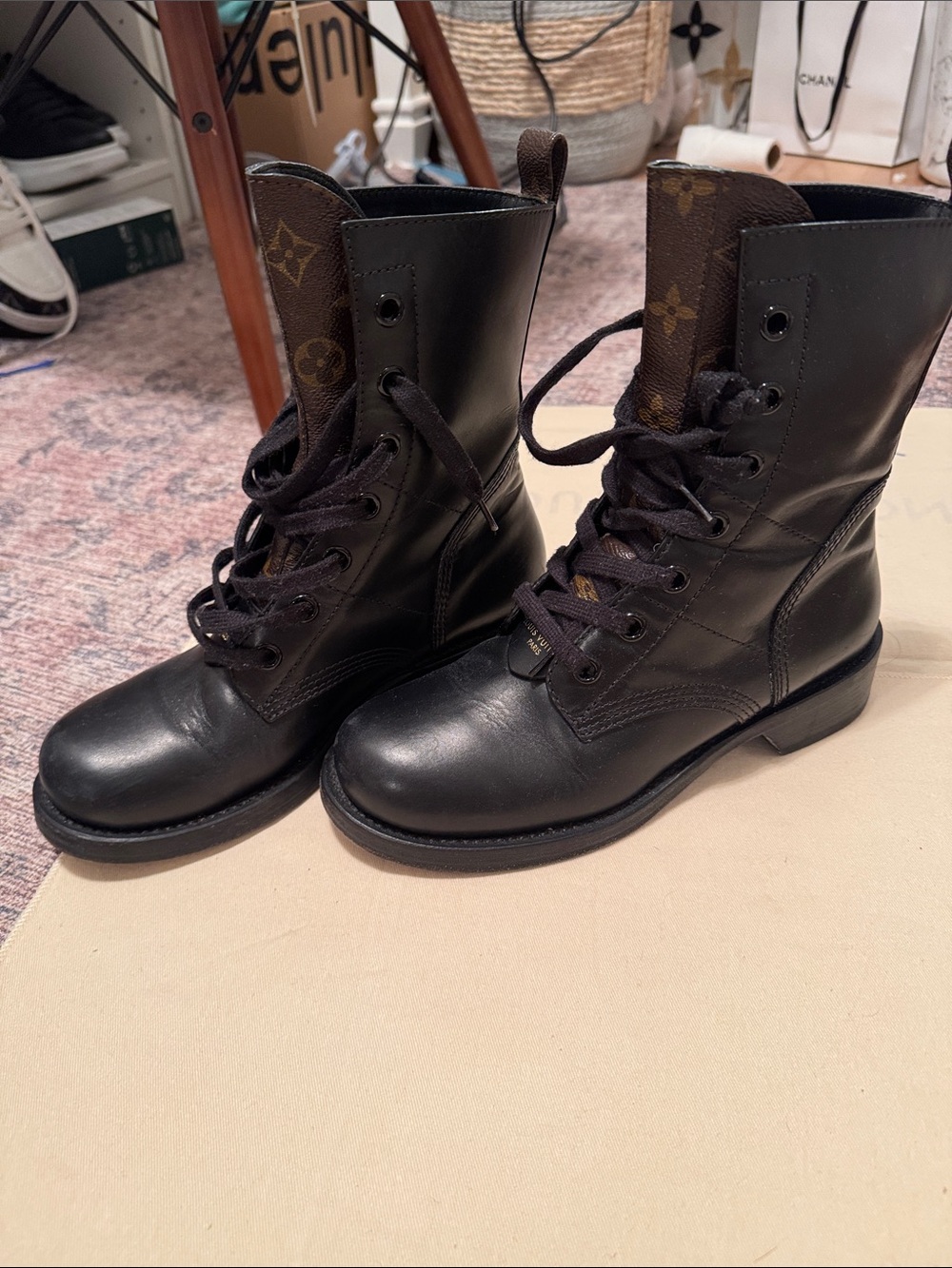 Louis Vuitton Black Leather Lace-Up Boots with Monogram Tongue